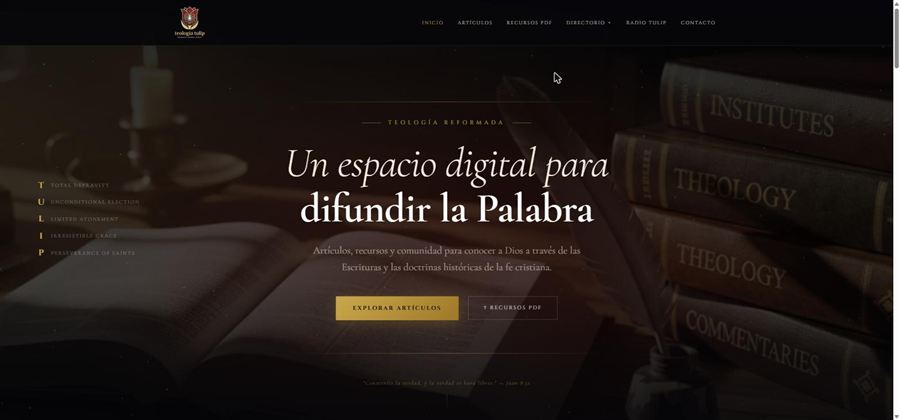 Captura de la página de inicio de Teología Tulip