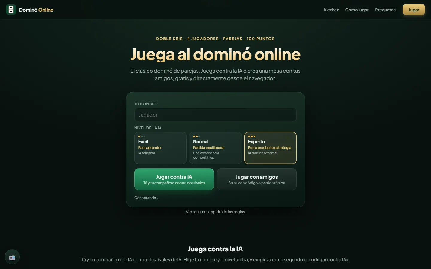 Página de inicio de Dominó Online